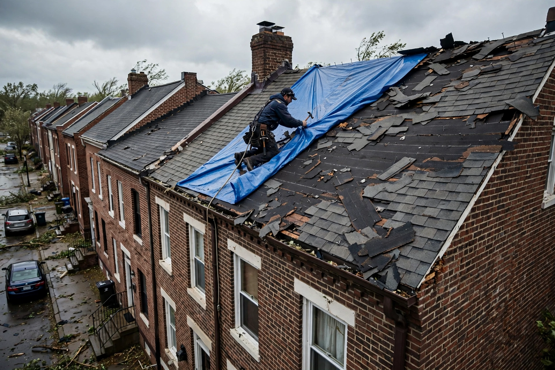 Storm-damaged roof being repaired on a York, PA home